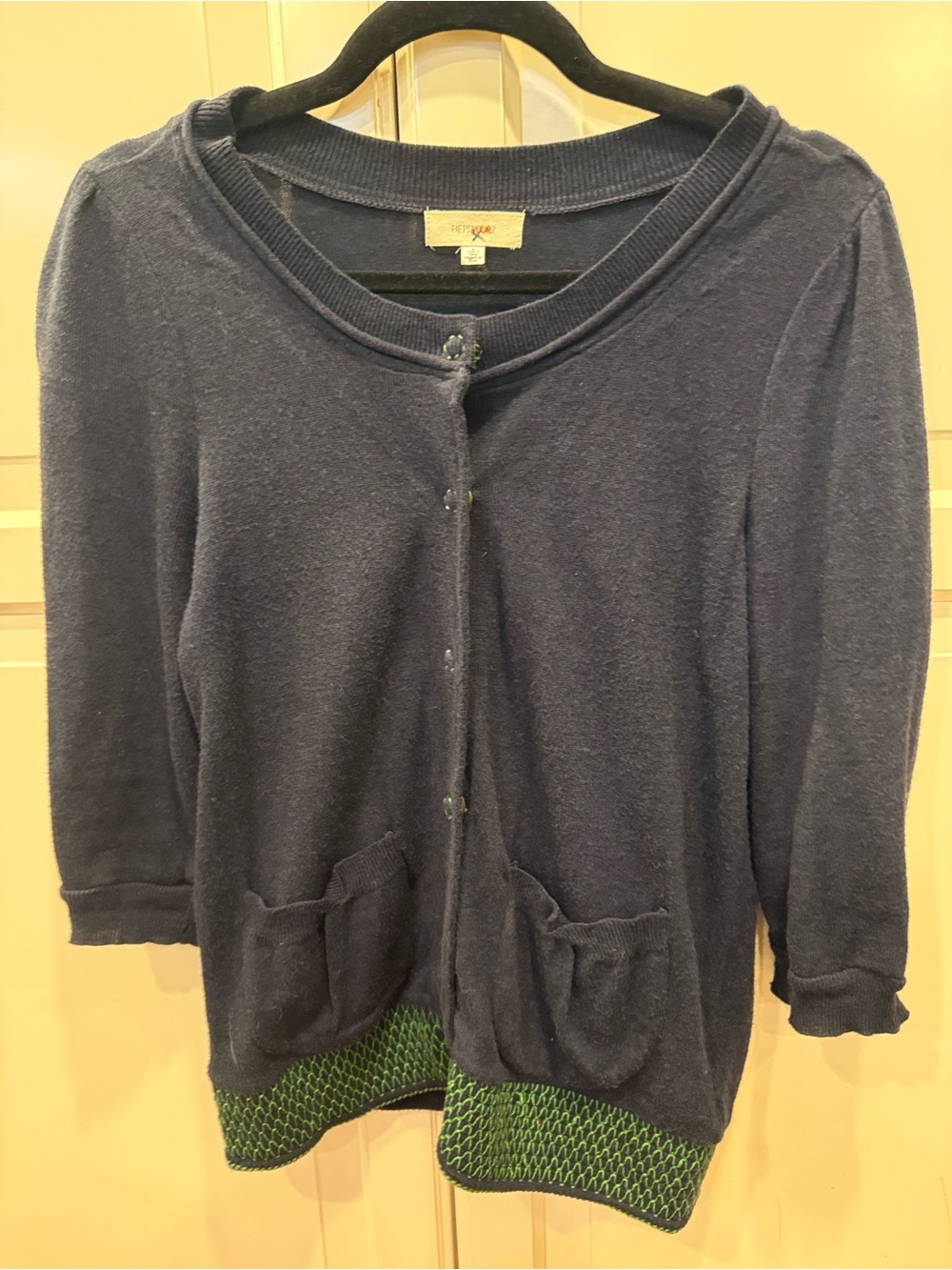 Anthropologie Fiets Voor2 Navy Blue Cardigan Sweater with Green Trim